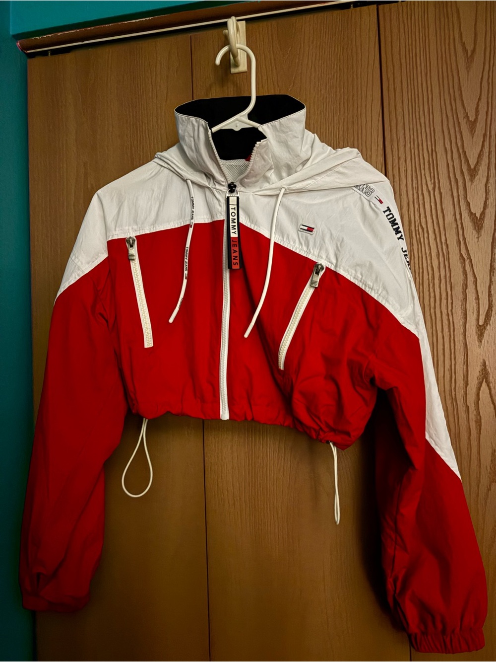 Tommy Hilfiger Red and White Cropped Bomber Jacket